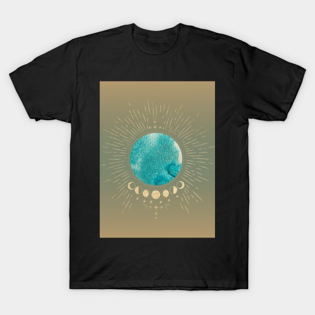 Gold and Blue Earth and Moon Cycle Graphic T-Shirt by WonderfulHumans